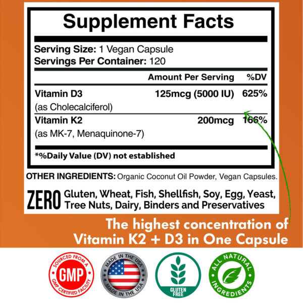Vitamin D3 5000IU K2 as MK 7 200mcg with Organic Coconut Oil american standard 2