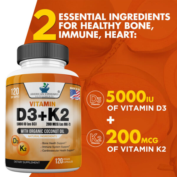 Vitamin D3 5000IU K2 as MK 7 200mcg with Organic Coconut Oil american standard 3