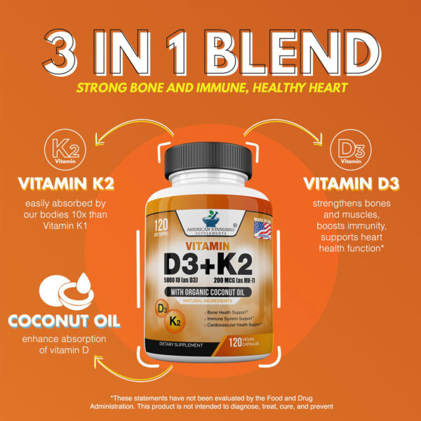 Vitamin D3 5000IU K2 as MK 7 200mcg with Organic Coconut Oil american standard 4